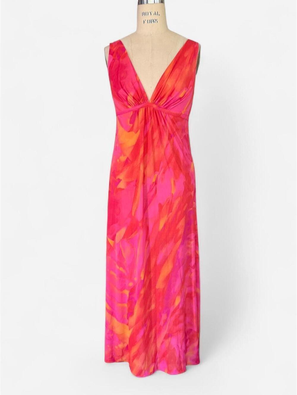 Natori Pink Orange Abstract Print Empire Waist Maxi Slip Dress